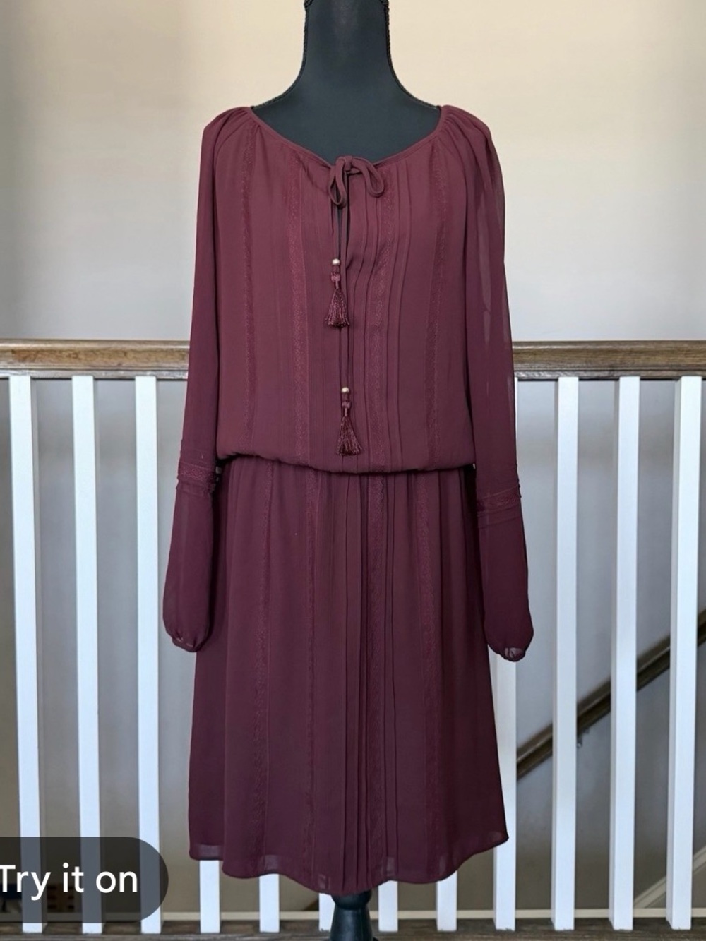 White House Black Market Plum Long-Sleeve Tie-Neck Chiffon Dress